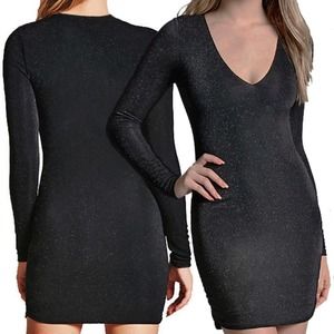 Forever 21 Little Black Dress Lined Stretch Metallic Knit Long Sleeve LBD S M L